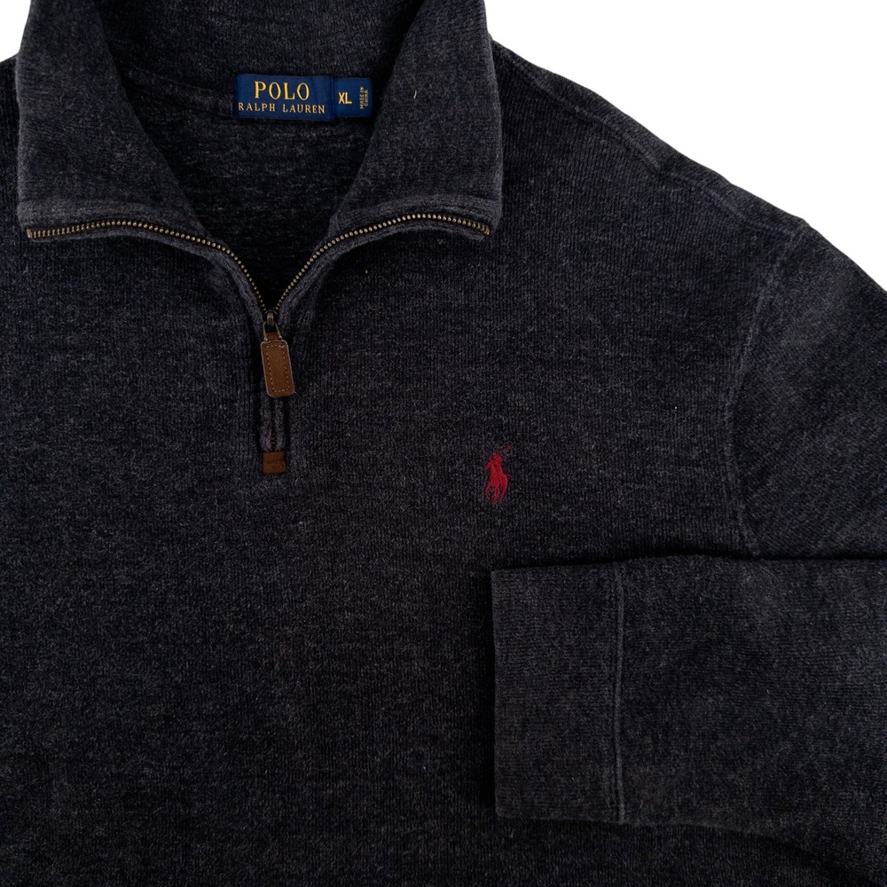 Polo Ralph Lauren Mens XL 1/4 Quarter Zip Sweater 100% Cotton Dark Gray Charcoal